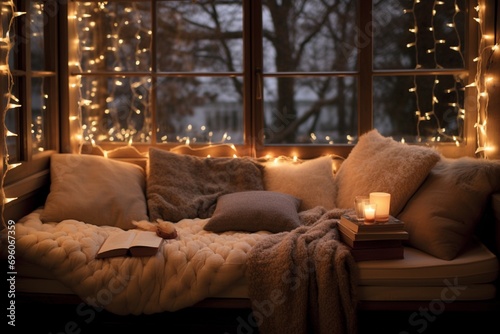 A cozy corner with plush blankets and holiday pillows, bathed in the soft glow of Christmas lights.