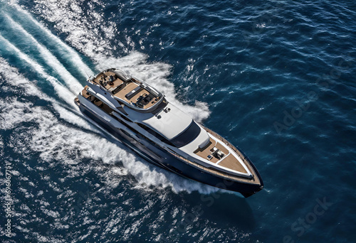 Aerial drone ultra wide top down photo with copy space of luxury rigid inflatable speed boat cruising in high speed in Aegean deep blue sea © Mohsin