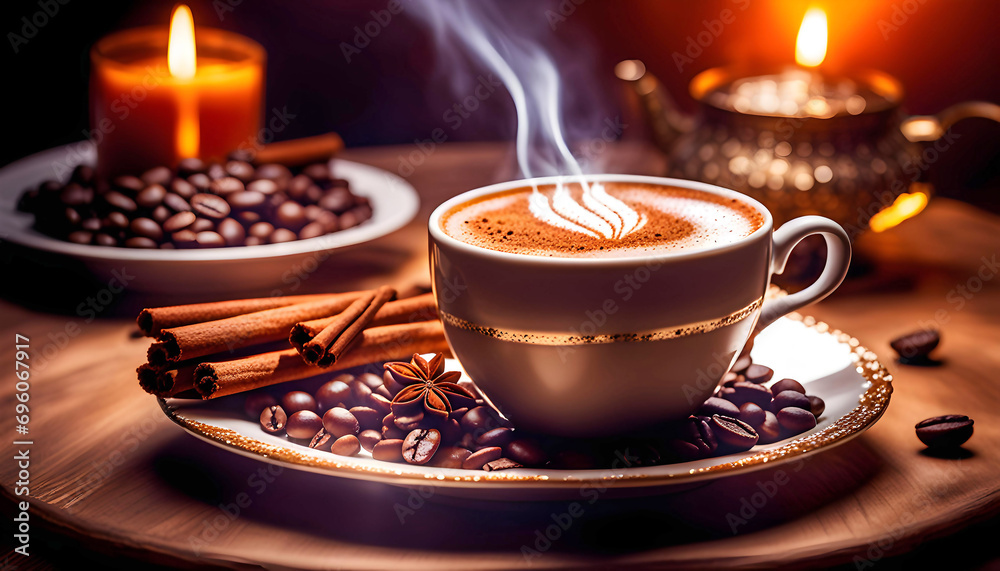 Delicious hot cup of coffee with cinnamon, coffee beans and cake, isolated on white background,
Delicious hot cup of coffee with cinnamon, coffee beans and cake, isolated on white background,