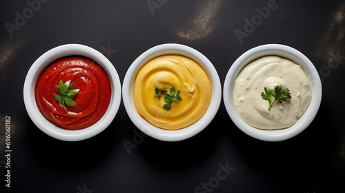 This top-view image captures the essence of gastronomy with a trio of delectable sauces-mayonnaise, mustard, and ketchup-nestled in elegant white ceramic bowls on a sleek black s background.
