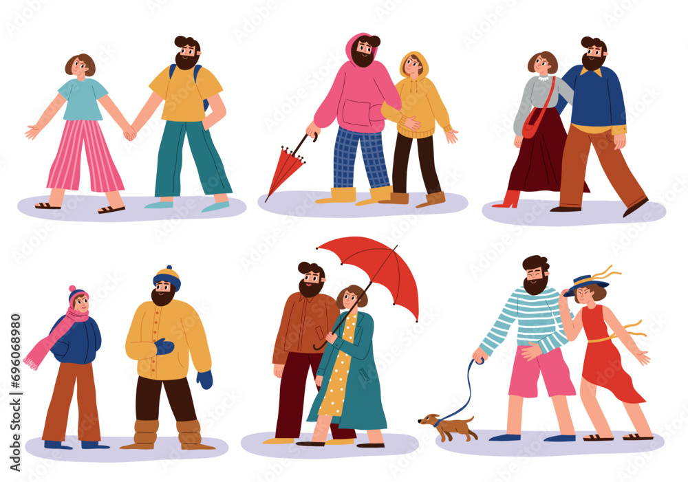 Couple in love walks at different seasons. Various weather, light and warm clothes, happy people promenade, winter, summer, vector set.eps