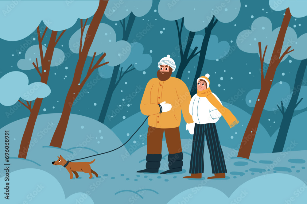 Happy guy with girl walking with dog in evening winter forest. Cartoon couple in love with pet promenades in city park, vector concept.eps - obrazy, fototapety, plakaty 
