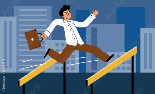 Businessman runs jumping over obstacles. Career steeplechase, striving success at work, stubborn man, prosperous overcoming , vector concept.eps