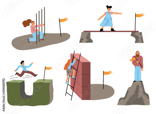 Characters overcoming obstacles. Persistent people crossing abyss, making way through bars, climb over walls, conquer peaks, vector set.eps