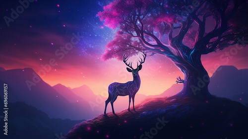 AI Generated neon color deer on hill next to a tree photo photo