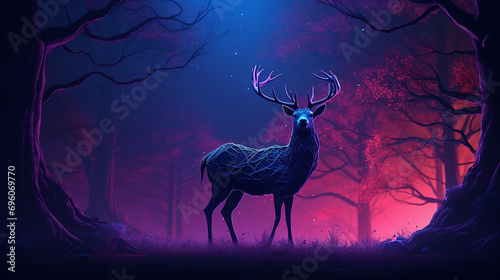 Deer is standing in the tree neon illustration AI Generated