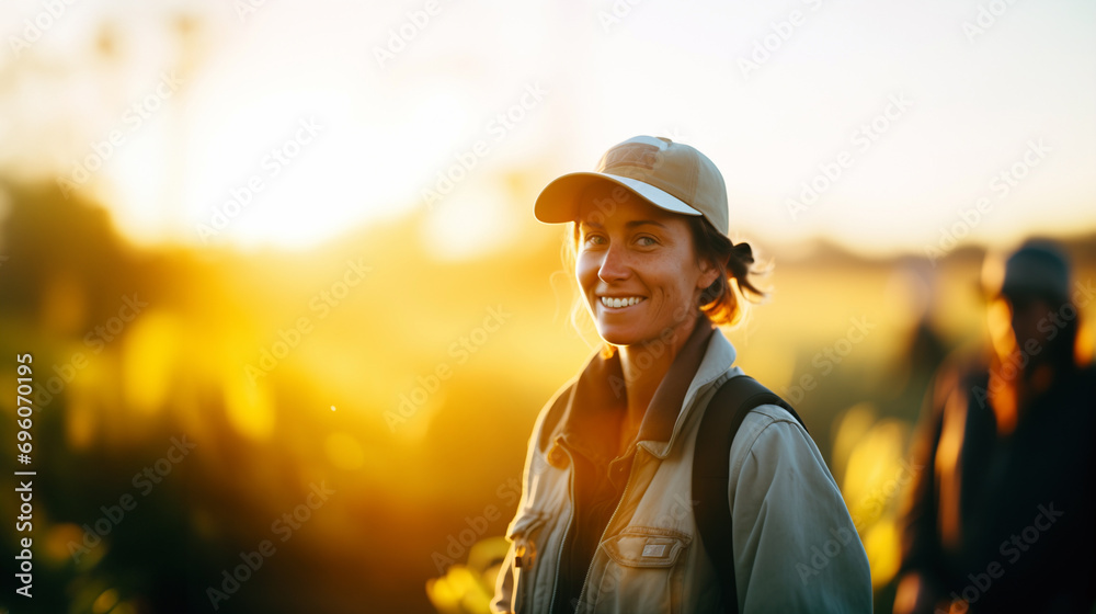 Female Farmer Enjoying Golden Hour in Canola Field