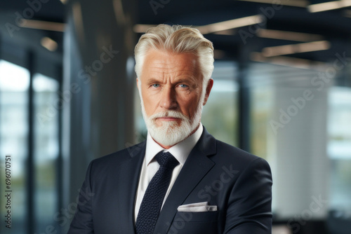 Handsome adult businessman with white hair dressed in a formal dark blue suit with a white shirt and tie. Corporate concept © Cherstva