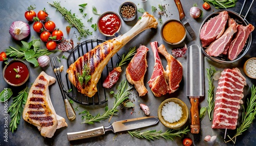 flat lay of various grill and bbq meat chicken legs steaks lamb ribs with vintage kitchenware kitchen utensils meat fork and butcher cleaver and herbs knife sauces and ingredients for grilling
