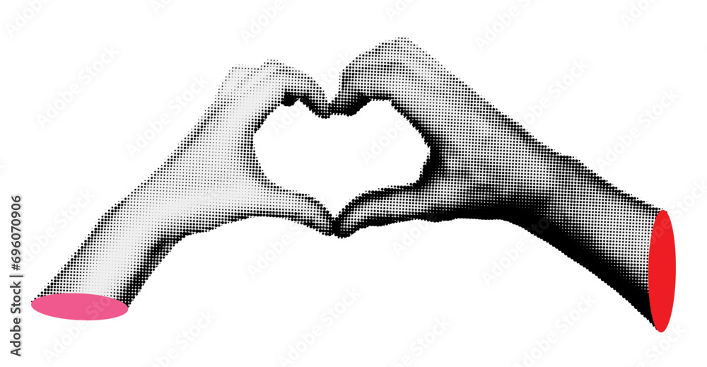 Valentines day halftone collage element. Hands making heart gesture. Female and male hands making love sign. Trendy modern retro vector illustration isolated on transparent background