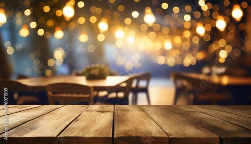 image of wooden table in front of abstract blurred restaurant lights background generative ai