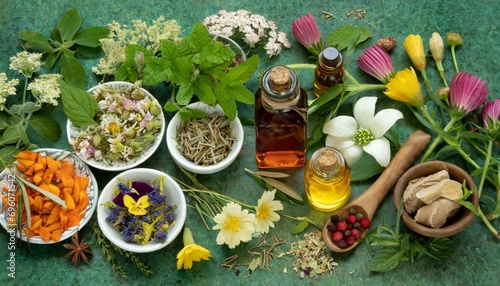 botanical blends herbs essencial oils for naturopathy natural remedy herbal medicine blends for bath and tea on green background photo
