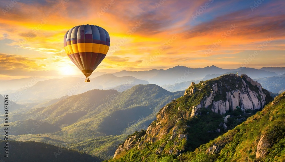 hot air balloon above high mountain at sunset