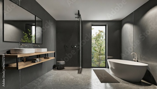 modern bathroom interior with dark walls marble basin with double mirror bathtub open air shower and grey concrete floor minimalist black bathroom with modern furniture 3d rendering