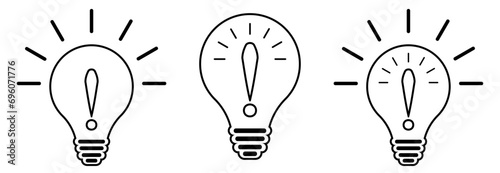 Set of yellow light bulb lamps with an exclamation mark inside. Flat vector illustration. Solving problems in business. Innovation and teamwork in company. Creative bright idea brainstorming concept.