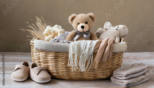 basket with baby stuff and accessories for newborn gift basket with cotton clothes and muslin swaddle blanket baby shoes toys and cute teddy bear in beige colors