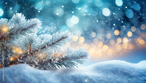 beautiful winter background image of frosted spruce branches and small drifts of pure snow with bokeh christmas lights and space for text
