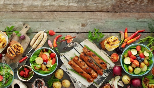 summer bbq or picnic food double side border over a rustic wood banner background various grilled meats vegetables fruits salad and potatoes above view with copy space photo