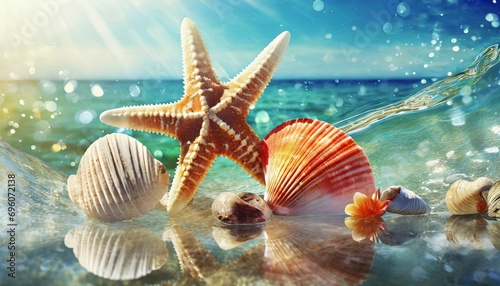 starfish and seashell on the summer beach in sea water