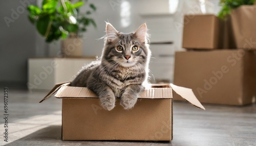 Photo cute grey tabby cat in cardboard box on floor at home