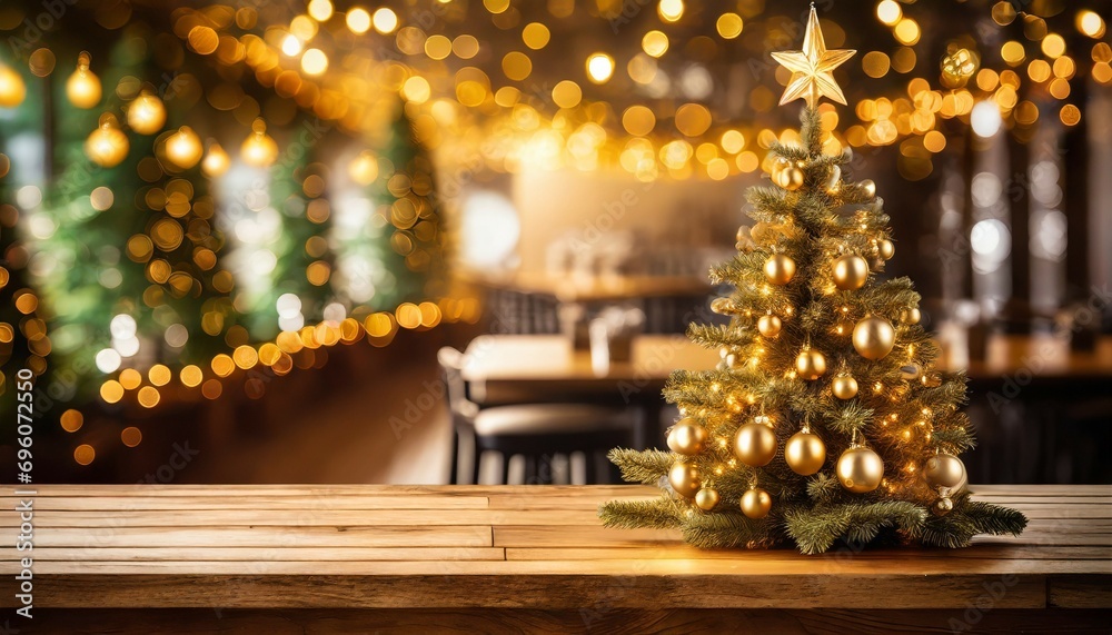 mesa de madera arbol de navidad y decoraciones navidenas con fondo de bar o restaurante desenfocado con bokeh dorado