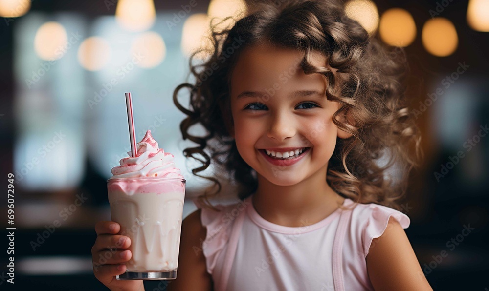Cheerful Woman Enjoying a Sweet Drink with a Cute Smile - obrazy, fototapety, plakaty 