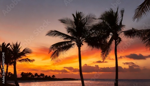 silhouette of palm trees at tropical sunrise or sunset © Michelle