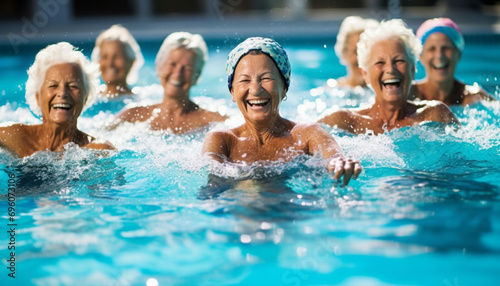 Senior woman lifting her arms in aqua fitness class in a swimming pool © Thijs