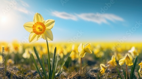 beauty of spring with a vibrant image of a yellow daffodil standing gracefully in a sun-kissed field.