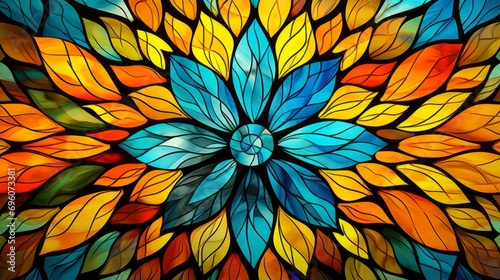 Stained glass window background with colorful Flower and Leaf abstract. © soysuwan123