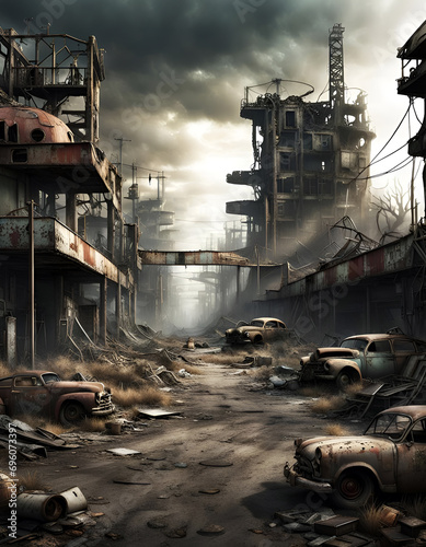 an abandoned industrial zone with ruined buildings and wrecked cars, apocalyptic fantasy concept art illustration photo