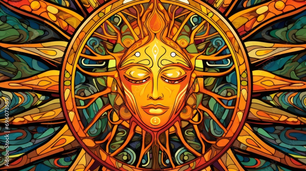 Stained glass window background with colorful Sun god abstract.	