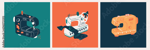 Vector set of three sewing machines. Cartoon elements for the design of advertising brochures, book illustrations, greeting cards, hobby shop banners.