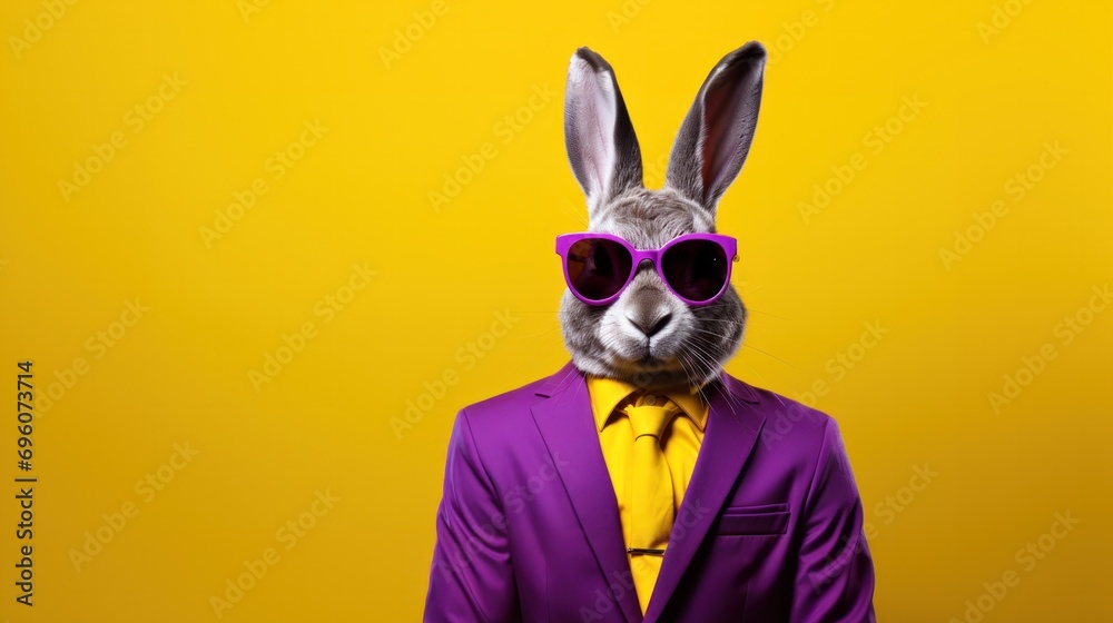 Vibrant Easter Bunny in Sunglasses Suit - Festive Holiday Artwork with Whimsical Rabbit in Yellow & Purple - Open Space for Text & Designs. Generative AI