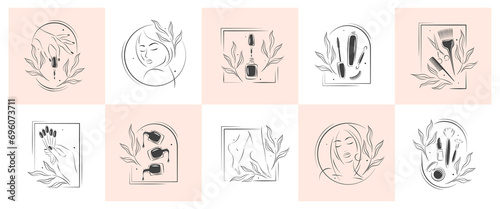 Big set of elements for beauty salon. Nail polish, manicured female hands and legs, beautiful woman face, eyelash extension, makeup, hairdressing. Black and white vector illustrations