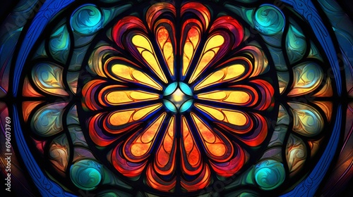 Stained glass window background with colorful Flower and Leaf abstract.