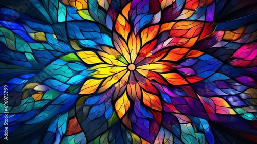 Stained glass window background with colorful Flower and Leaf abstract.