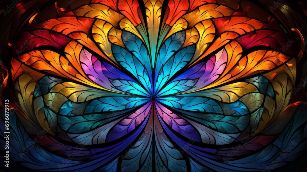 Stained glass window background with colorful Flower and Leaf abstract. Stained glass window background with colorful Flower and Leaf abstract.