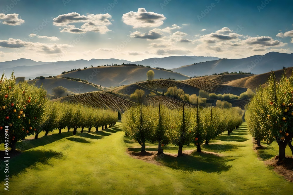 A panoramic view of a backyard orchard with fruit-laden trees, set against a backdrop of rolling hills and a clear blue sky.