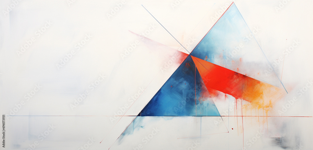 A minimalist abstract piece characterized by a single, bold triangle in contrasting colors against a pristine white canvas.