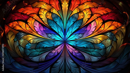 Stained glass window background with colorful Flower and Leaf abstract.