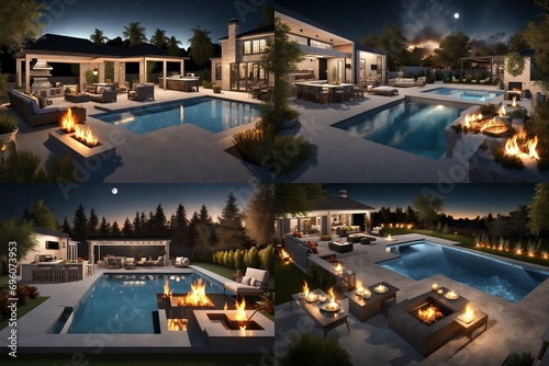 3D render of a night backyard with a rectangular pool, fire pit, kitchen and outdoor lighting