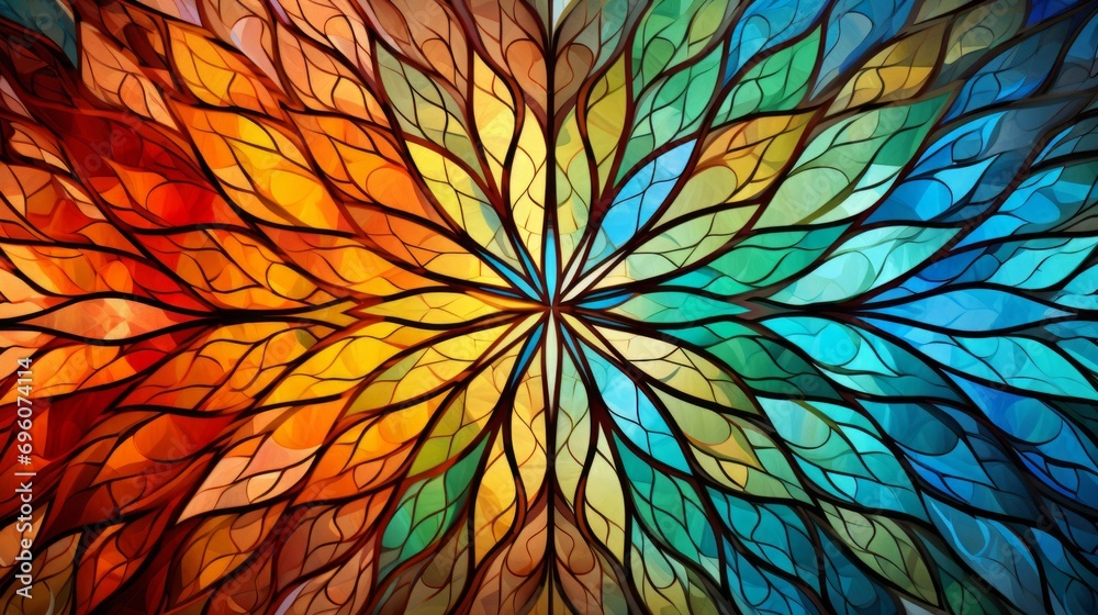 Stained glass window background with colorful Flower and Leaf abstract.