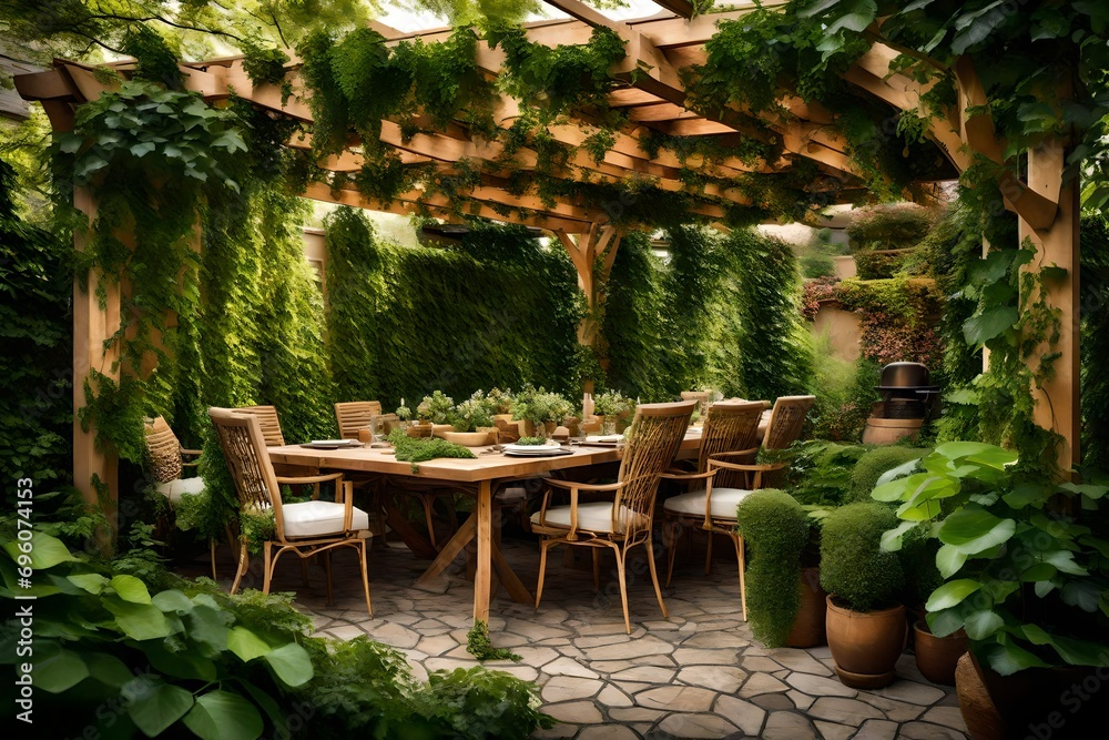 A backyard pergola draped in cascading vines, creating a natural canopy of greenery and shade for a charming outdoor dining area.