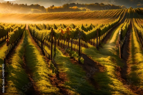 A backyard vineyard with neatly lined rows of grapevines, ready for a picturesque harvest under the golden hues of autumn.