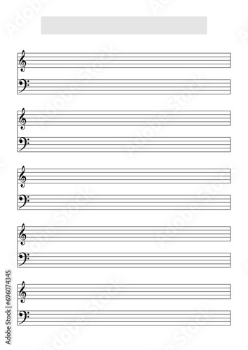 Blank music score sheet template to write music (G and F Clefs). Printable A4 format in portrait mode with a song title and artist name block at the top photo