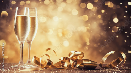 Happy New Year and Christmas holidays background celebration with champagne glasses comeliness