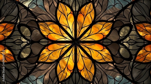 Stained glass window background with colorful Flower and Leaf abstract.