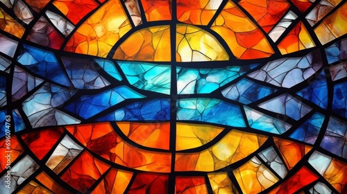 Stained glass window background with colorful Flower and Leaf abstract.