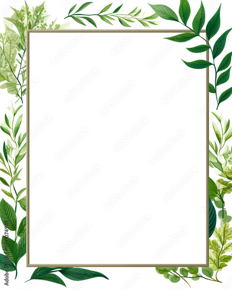 Frame with green leaves and branches on a white background